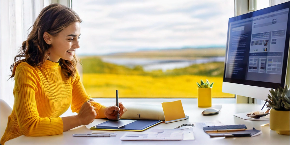 A woman is designing on her desk using a digital pen and a large monitor. The room is bright, with natural light and a scenic landscape in the background.